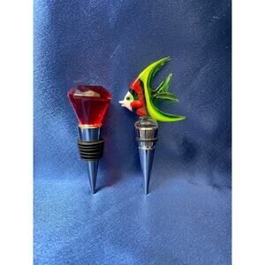 Pair of Bottle Stoppers Red Ruby and Glass Angel Fish